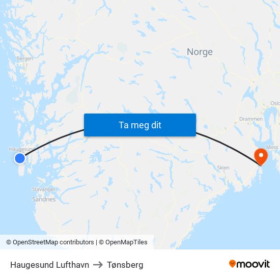 Haugesund Lufthavn to Tønsberg map