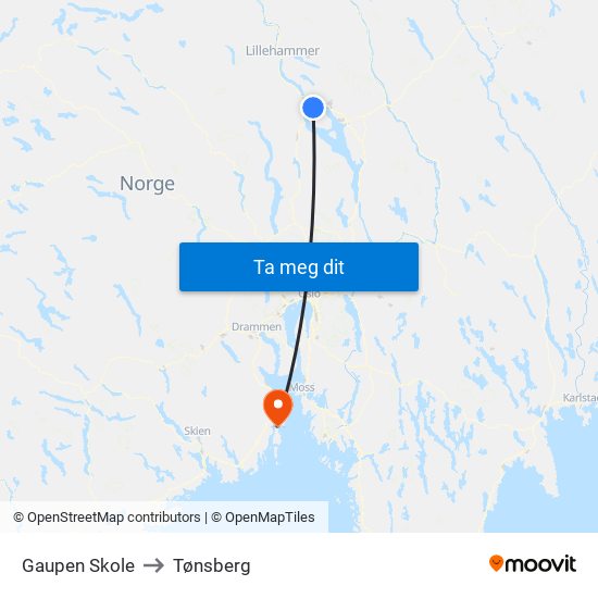 Gaupen Skole to Tønsberg map