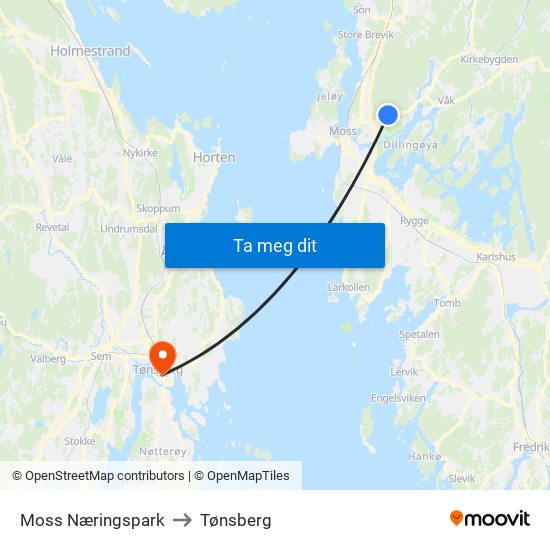 Moss Næringspark to Tønsberg map