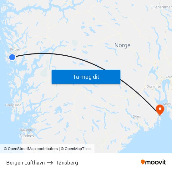Bergen Lufthavn to Tønsberg map