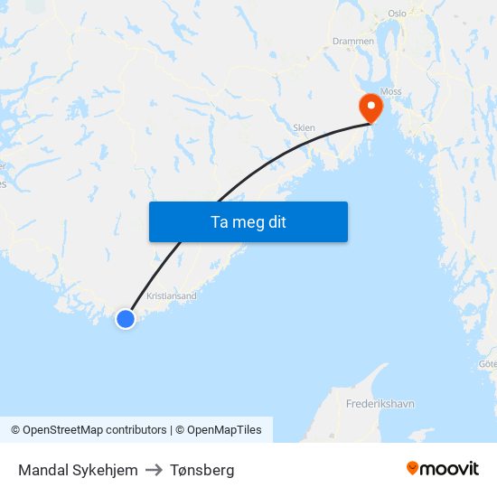 Mandal Sykehjem to Tønsberg map