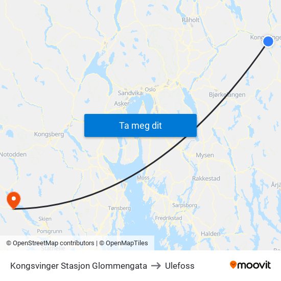 Kongsvinger Stasjon Glommengata to Ulefoss map