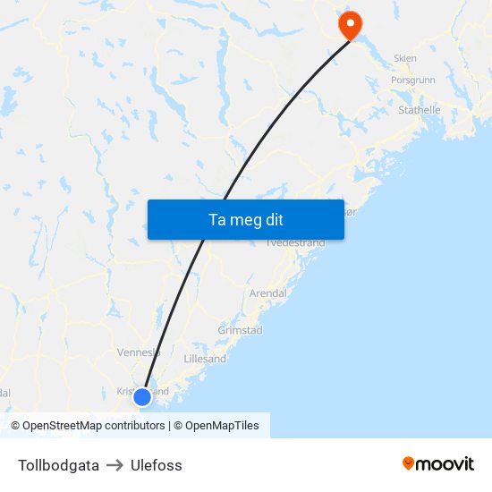 Tollbodgata to Ulefoss map