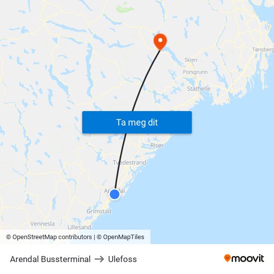 Arendal Bussterminal to Ulefoss map