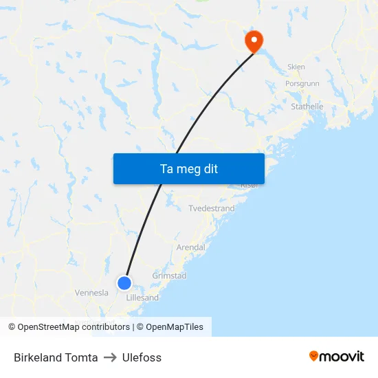 Birkeland Tomta to Ulefoss map