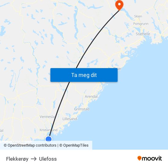 Flekkerøy to Ulefoss map