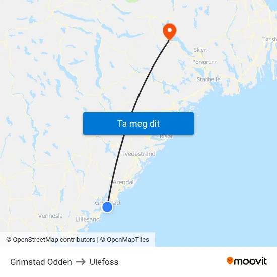 Grimstad Odden to Ulefoss map