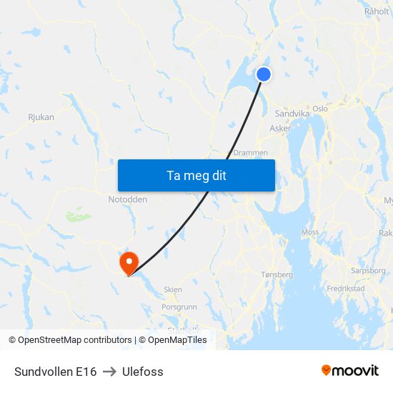 Sundvollen E16 to Ulefoss map