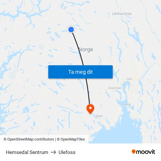 Hemsedal Sentrum to Ulefoss map