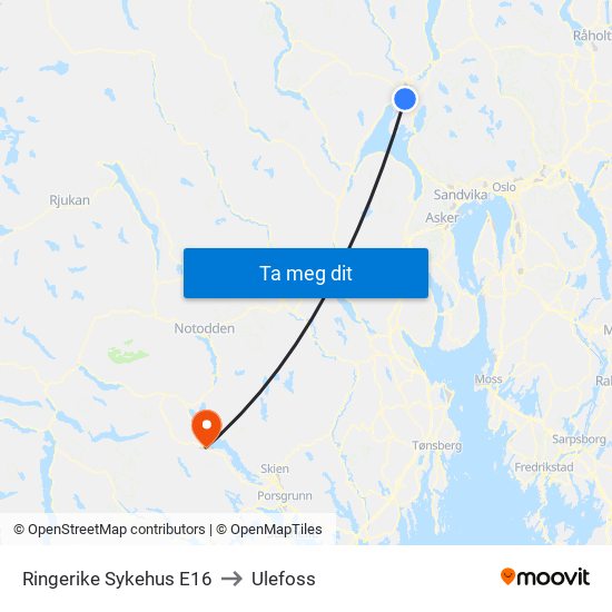 Ringerike Sykehus E16 to Ulefoss map