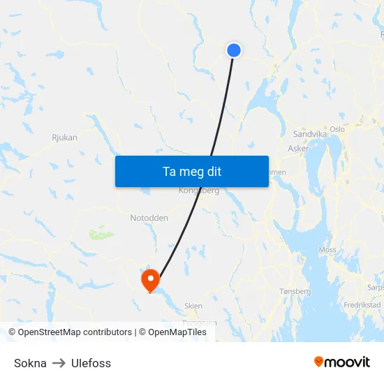 Sokna to Ulefoss map
