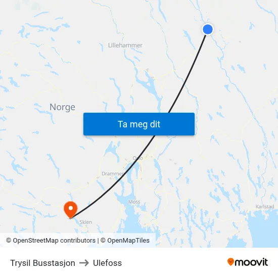 Trysil Busstasjon to Ulefoss map