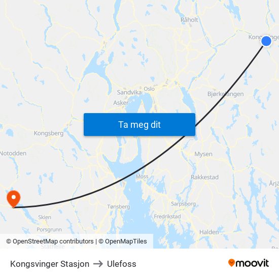 Kongsvinger Stasjon to Ulefoss map