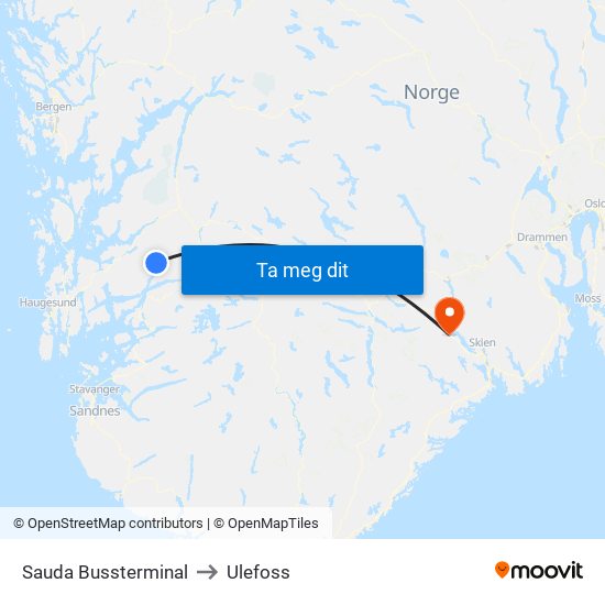 Sauda Bussterminal to Ulefoss map