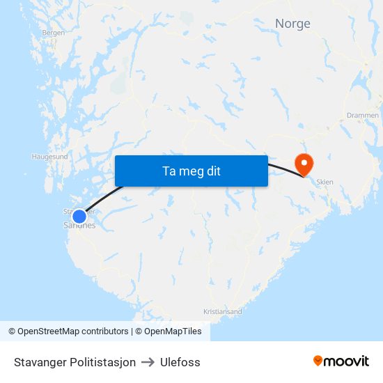 Stavanger Politistasjon to Ulefoss map