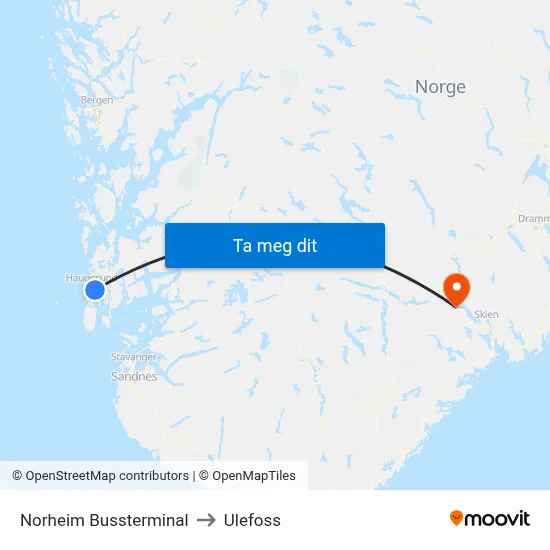 Norheim Bussterminal to Ulefoss map