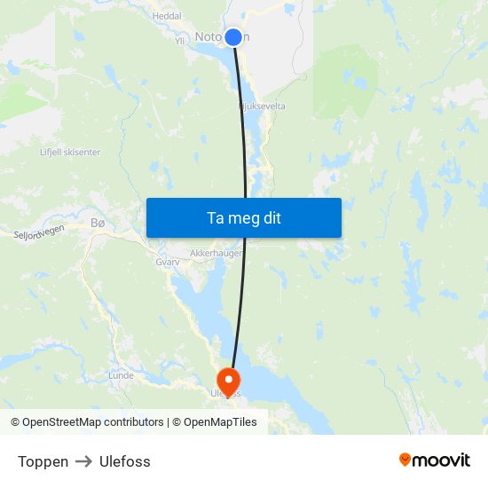 Toppen to Ulefoss map