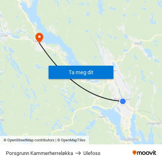 Porsgrunn Kammerherreløkka to Ulefoss map