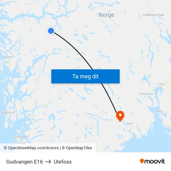 Gudvangen E16 to Ulefoss map