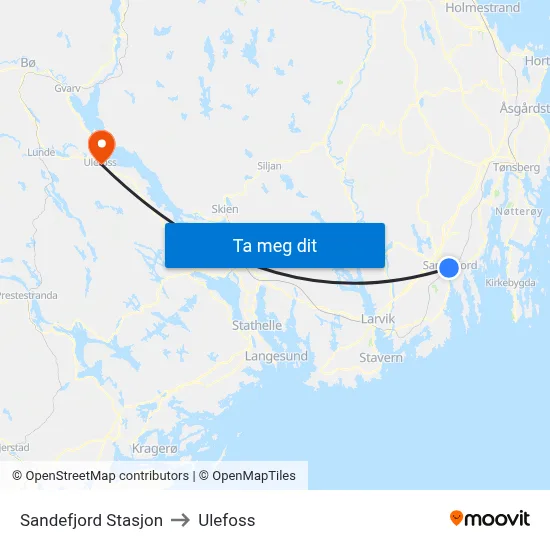 Sandefjord Stasjon to Ulefoss map