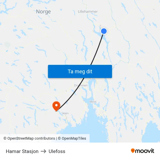Hamar Stasjon to Ulefoss map