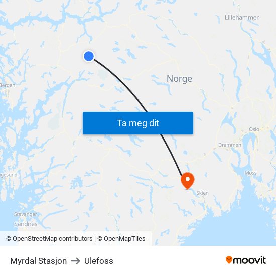 Myrdal Stasjon to Ulefoss map