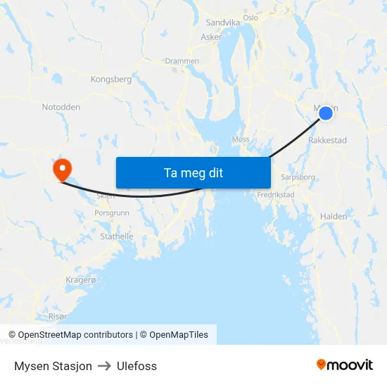 Mysen Stasjon to Ulefoss map