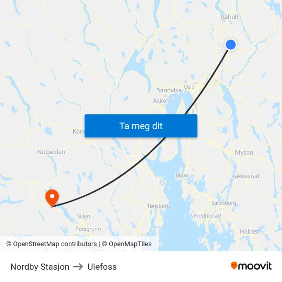 Nordby Stasjon to Ulefoss map