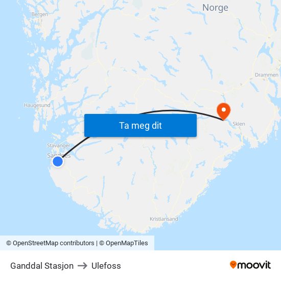 Ganddal Stasjon to Ulefoss map