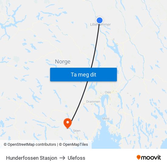 Hunderfossen Stasjon to Ulefoss map