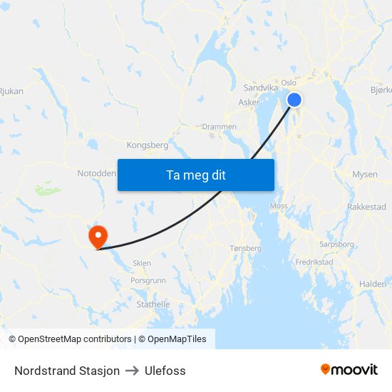 Nordstrand Stasjon to Ulefoss map