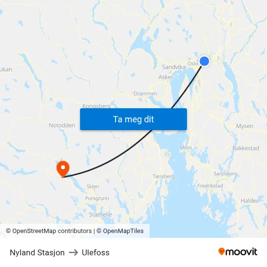 Nyland Stasjon to Ulefoss map