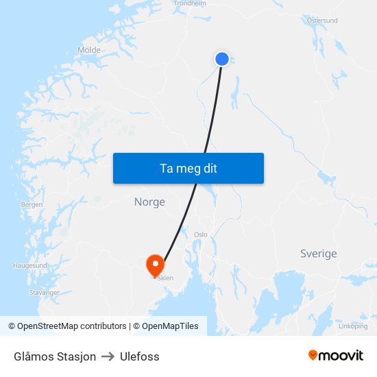 Glåmos Stasjon to Ulefoss map
