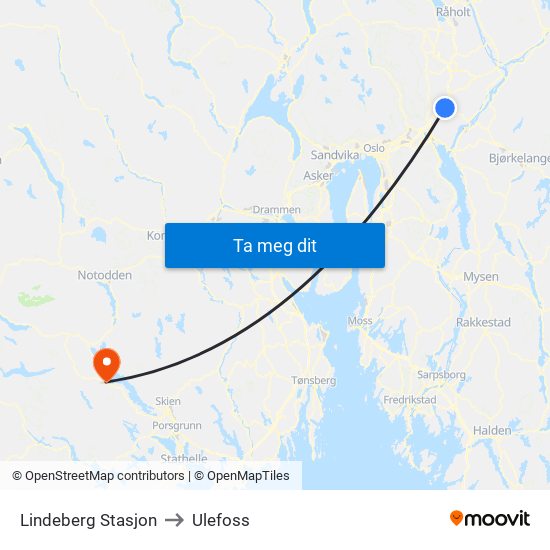 Lindeberg Stasjon to Ulefoss map