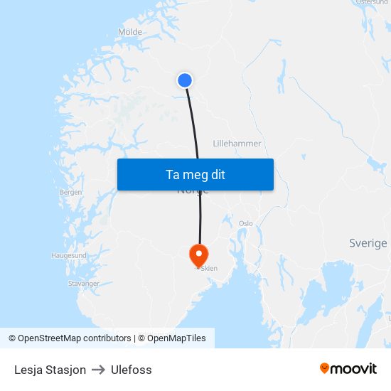 Lesja Stasjon to Ulefoss map