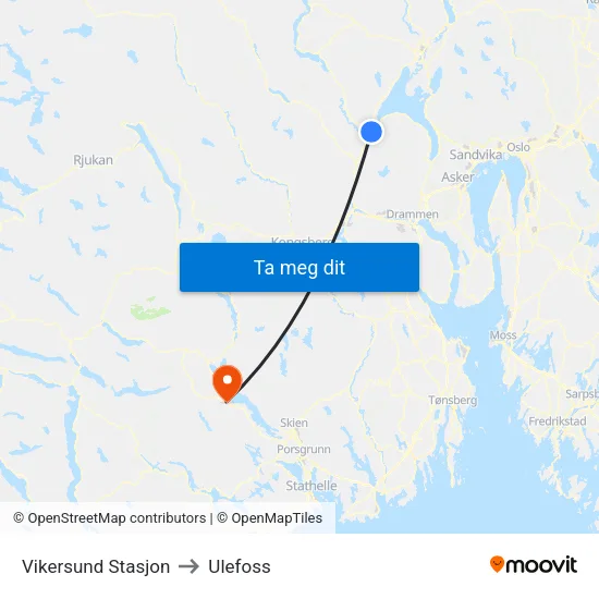 Vikersund Stasjon to Ulefoss map