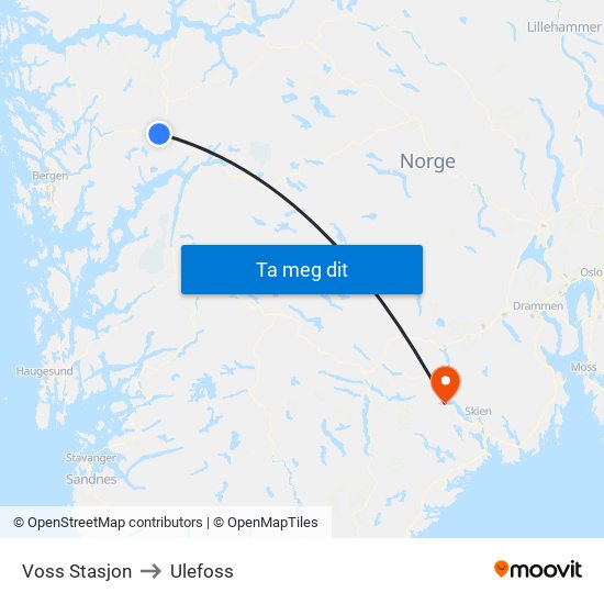 Voss Stasjon to Ulefoss map