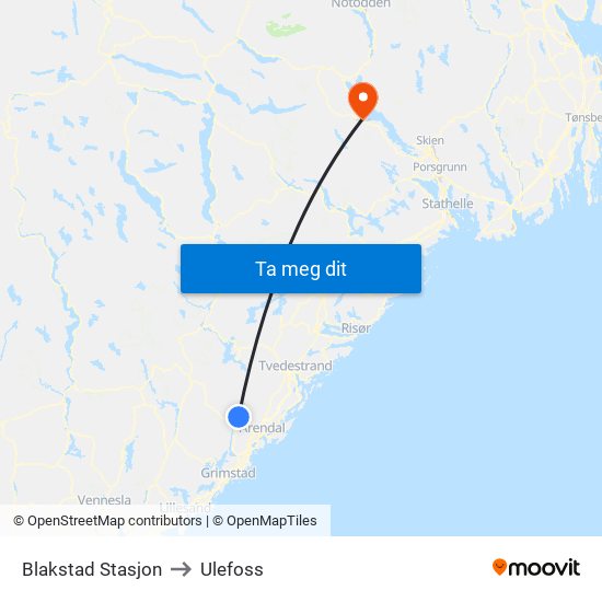 Blakstad Stasjon to Ulefoss map