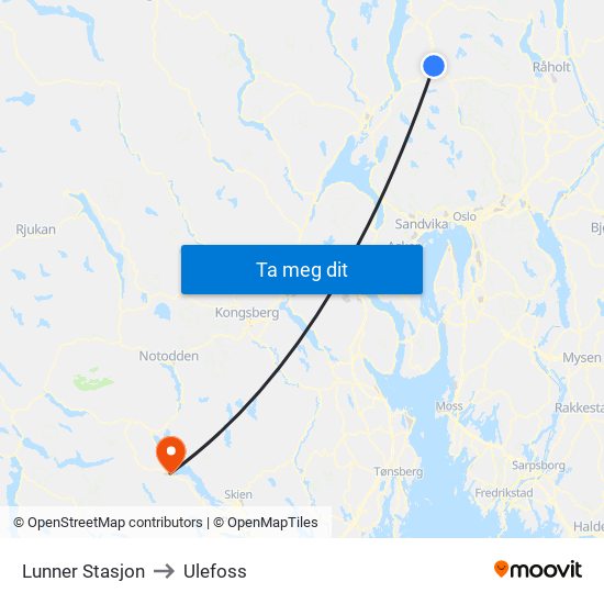 Lunner Stasjon to Ulefoss map