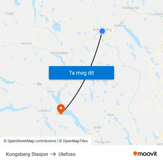 Kongsberg Stasjon to Ulefoss map