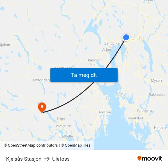 Kjelsås Stasjon to Ulefoss map