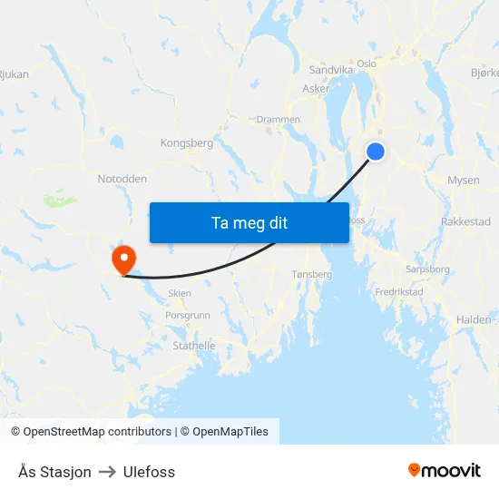 Ås Stasjon to Ulefoss map