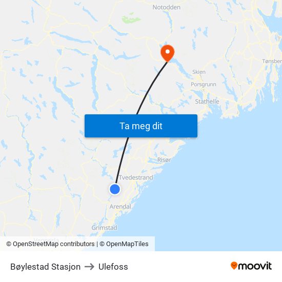 Bøylestad Stasjon to Ulefoss map