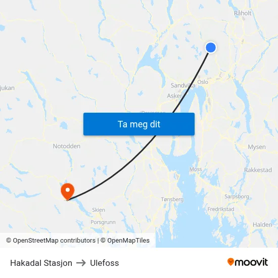 Hakadal Stasjon to Ulefoss map