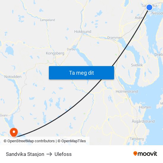 Sandvika Stasjon to Ulefoss map
