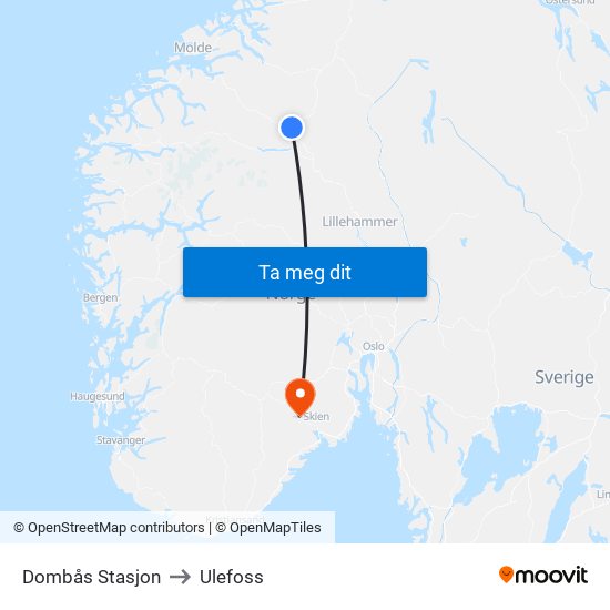 Dombås Stasjon to Ulefoss map