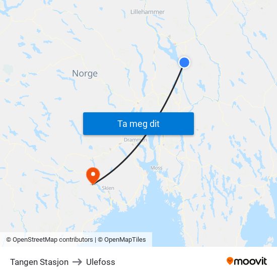 Tangen Stasjon to Ulefoss map