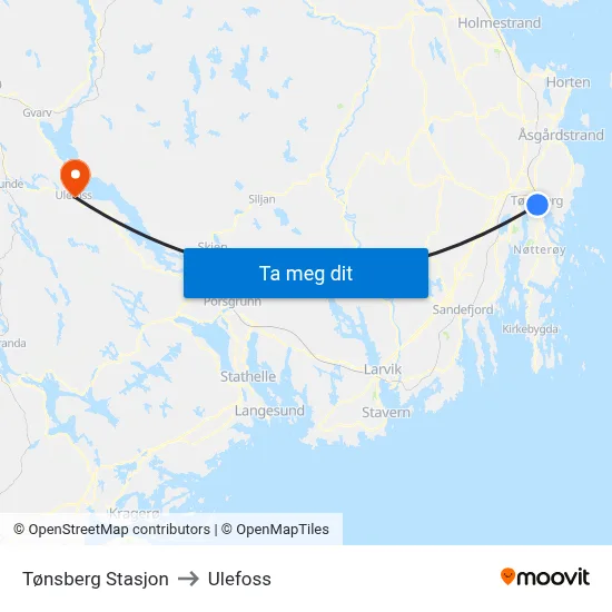 Tønsberg Stasjon to Ulefoss map
