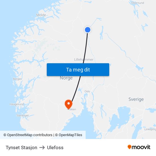 Tynset Stasjon to Ulefoss map