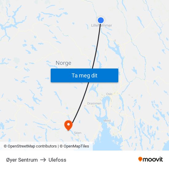 Øyer Sentrum to Ulefoss map